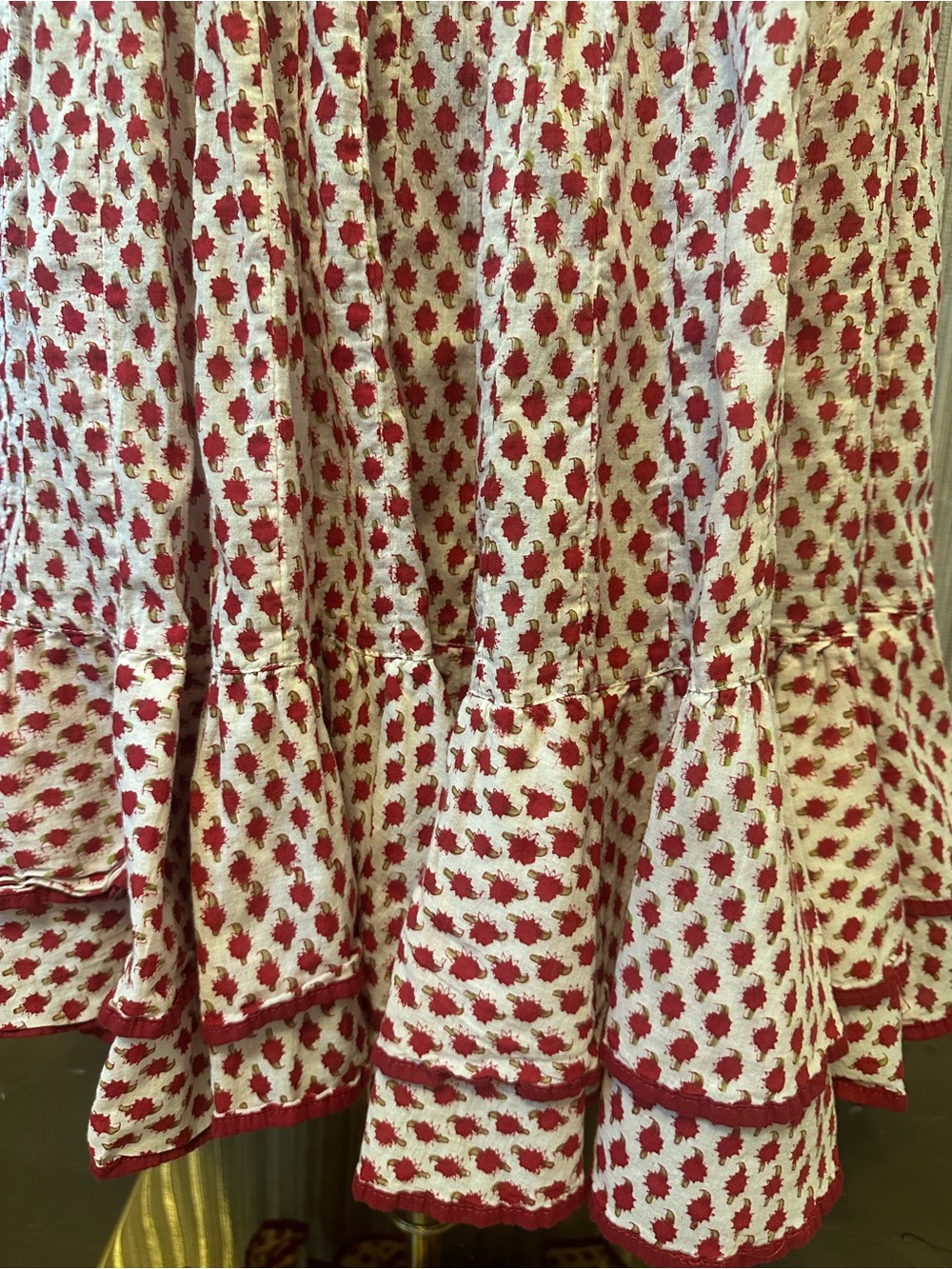 Trade Cloth Boho Cotton Midi Skirt Red White Block Print Smocked Waist Size M/L - Picture 3 of 9